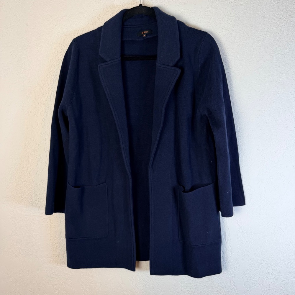 Quince Womens M Navy 100% Organic Cotton Knit Blazer Open Front Cardigan Jacket